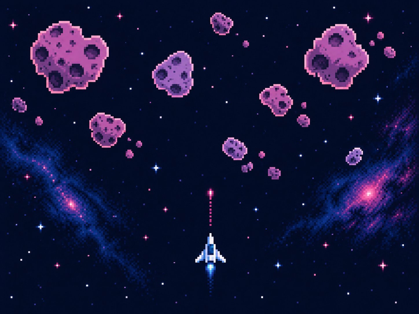 A retro pixel spaceship firing through a field of pink and blue asteroids