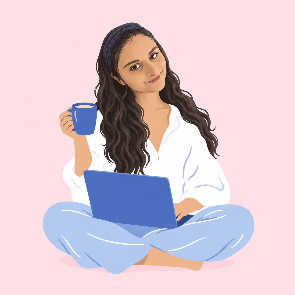 Illustrated Ayesha with long dark hair and a gold nose hoop, holding a blue mug with a laptop in her lap