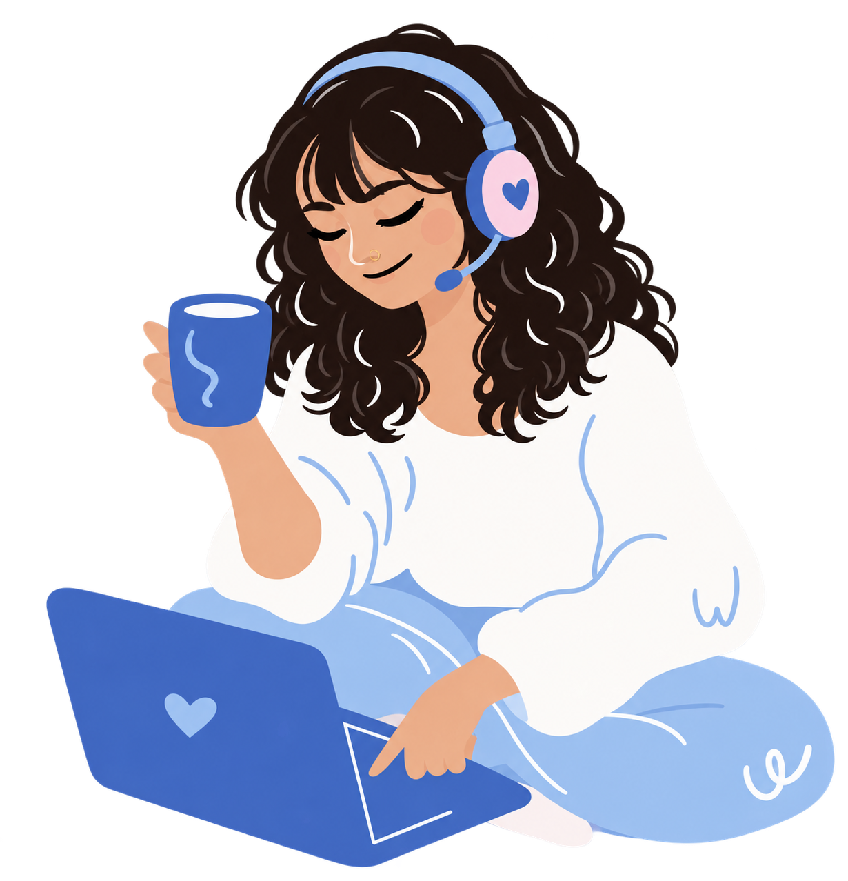 Ayesha avatar wearing blue and pink headphones, holding a coffee mug beside her blue laptop