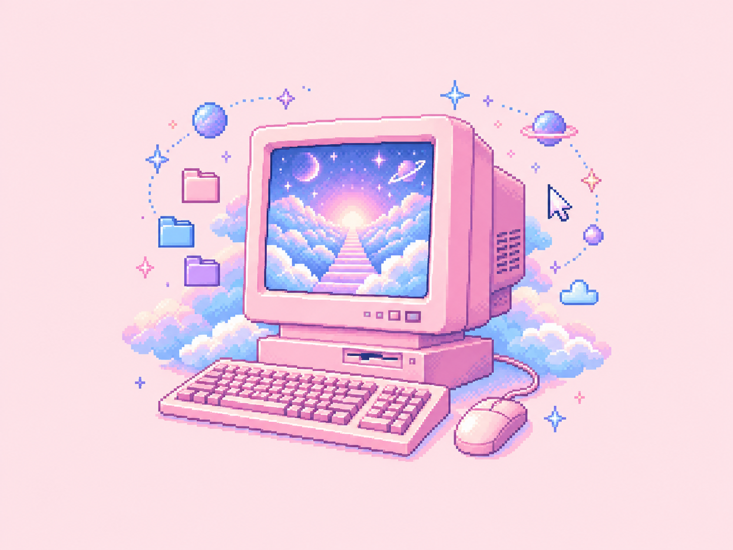 A pink pixel computer opening a dreamy portal through blue clouds, surrounded by folders, stars, and a cursor